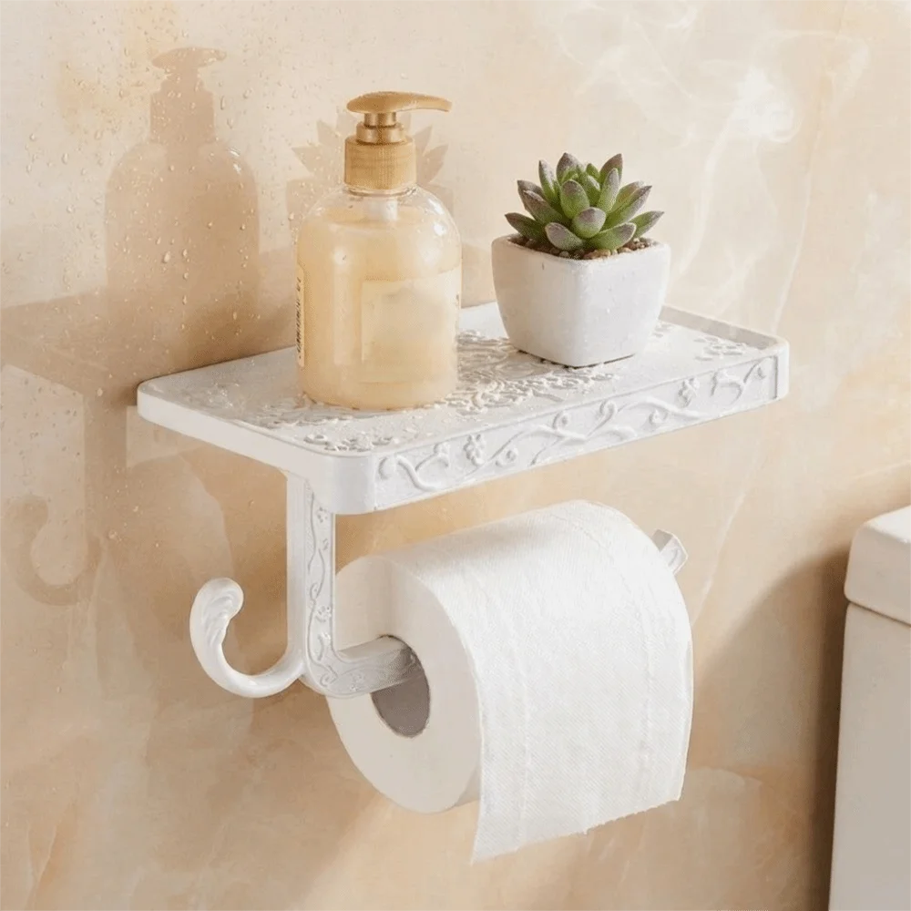 Wall-Mounted Toilet Paper Holder Vintage Antique Carved Mobile Phone Rack Rust Resistant Aluminum Alloy Storage Rack Home Use