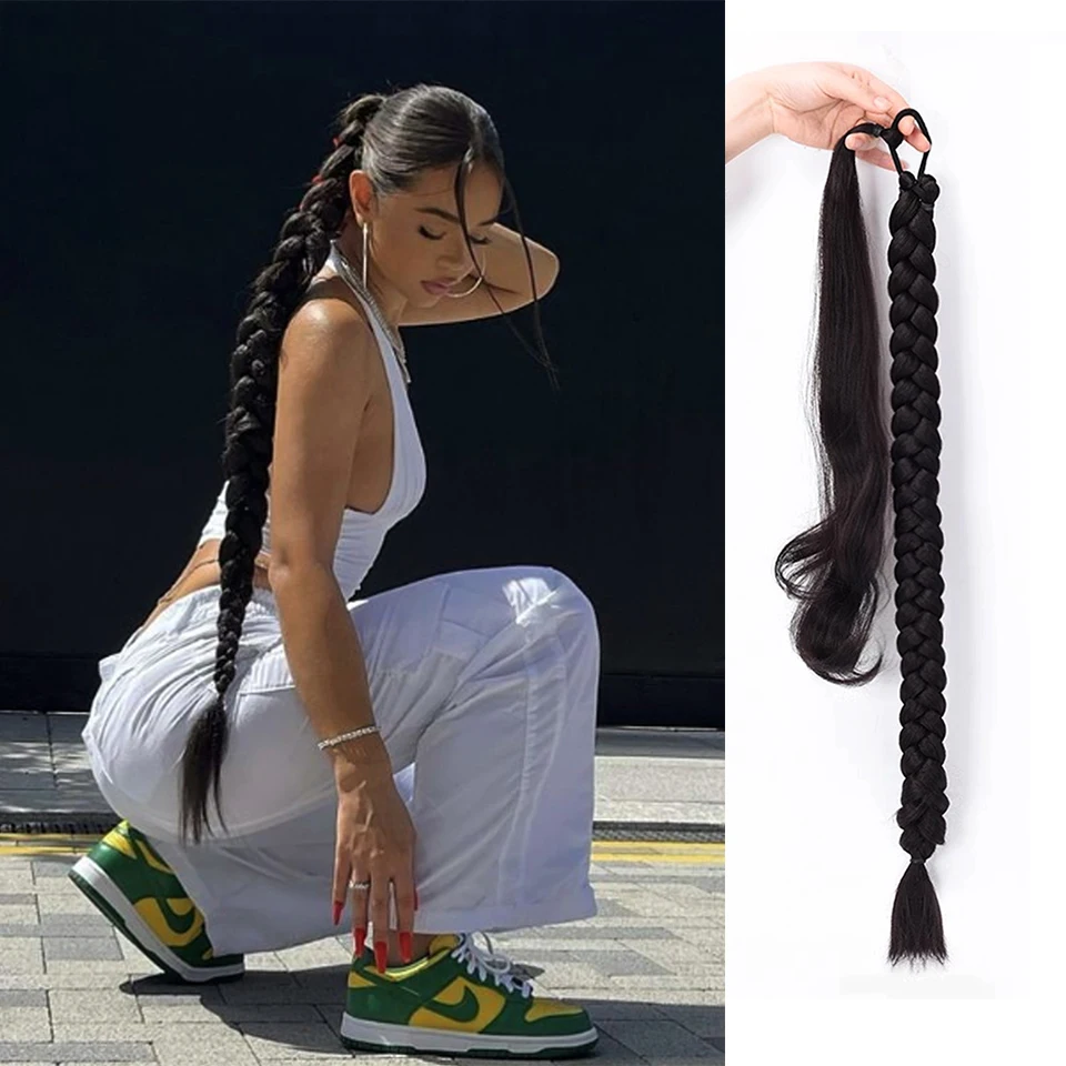 

32Inches Synthetic Long Boxing Braid Ponytail Hair Extensions For Women Black Pony Tail with Hair Rope High Temperature Fiber