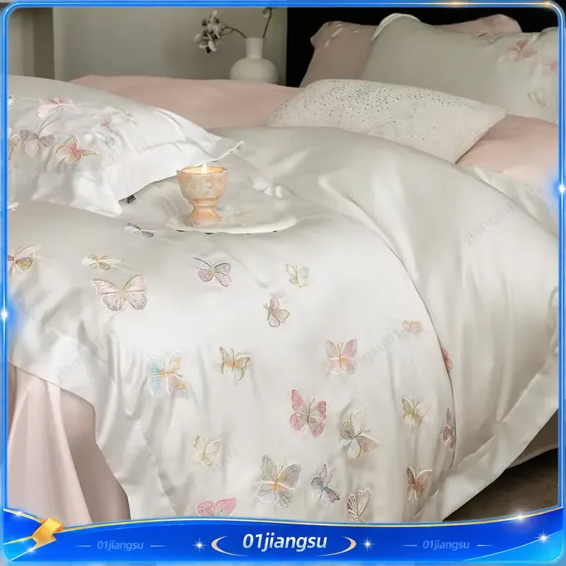 Luxury Butterfly Embroidery Bedding Set 800TC Lyocell Bamboo Fiber Soft Silky Duvet Cover Flat Fitted Sheet Pillowcases 4Pcs