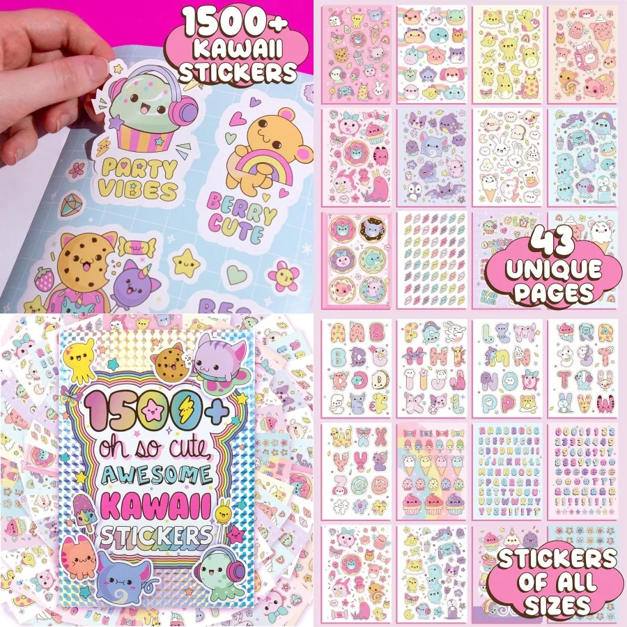 Mais de 1500 adesivos fofos kawaii, livro de 43 páginas para scrapbooks, planejadores, letras, planejador feliz, laptop, garrafa de água, decoração, ideal para