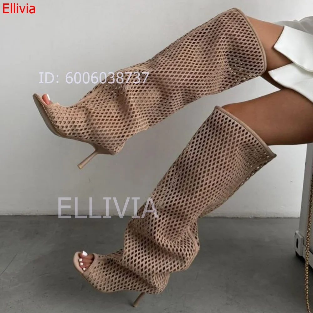 Women Fishnet Mesh Over The Knee High Heel Boots Peep Toe Thin Stiletto Heel Hollow Out Breathable Thigh High Sandal Boots