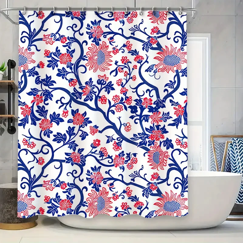 

Винтажная сине-красная цветочная занавеска для душа, ткань для декора ванной комнаты, водонепроницаемый коврик для ванной, аксессуары для дома