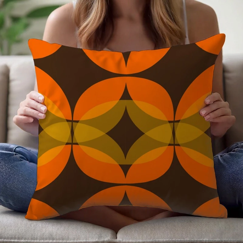 1pc Orange Brown Mid Century Pillow Cover, Polyester 2D Double Sided Print Cushion Case, 70s Retro Geometric Throw Pillowcase, B