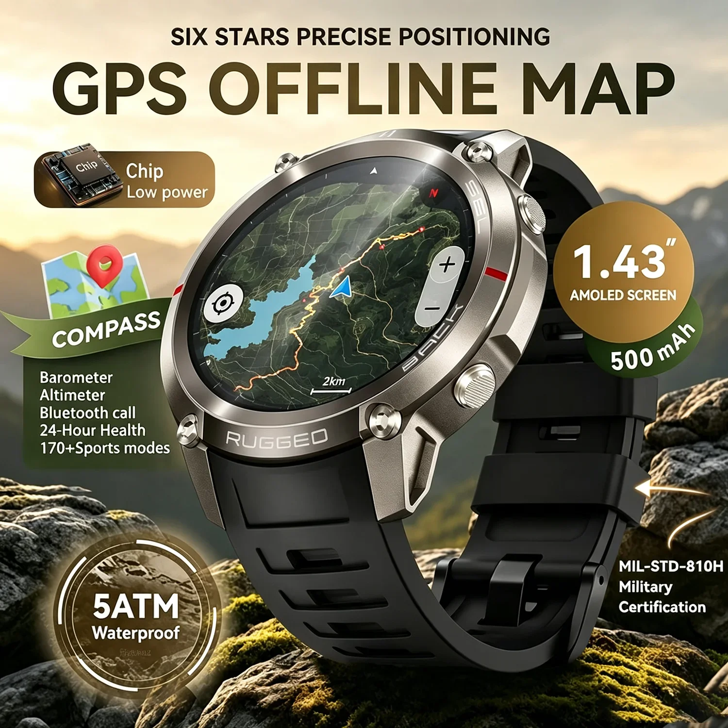 Military Grade GPS Smartwatch with 1.43'' AMOLED Display 5ATM Waterproof Compass Altimeter Wireless Call Feature for Outdoor Ent
