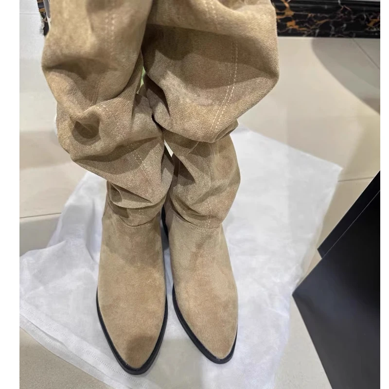 

Maillard Brown Retro Suede Thick Heel Pleated Pile Boots Woman Winter 2025 Knight Boots Long High Boots Knee-High Boots