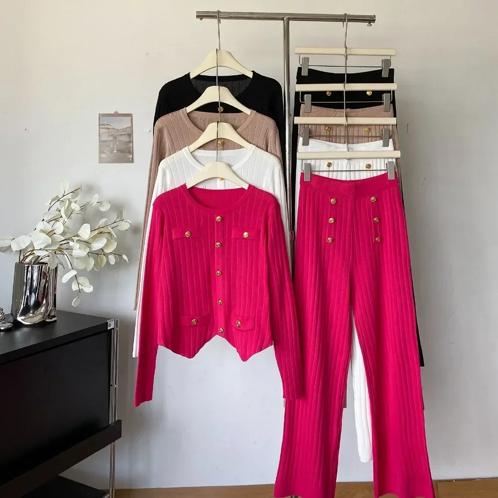 Chic Knitted Two-Piece Sets O-neck Metal Button Long Sleeve Top and High Waist Pants High Street Autumn Winter Elastic Clothing