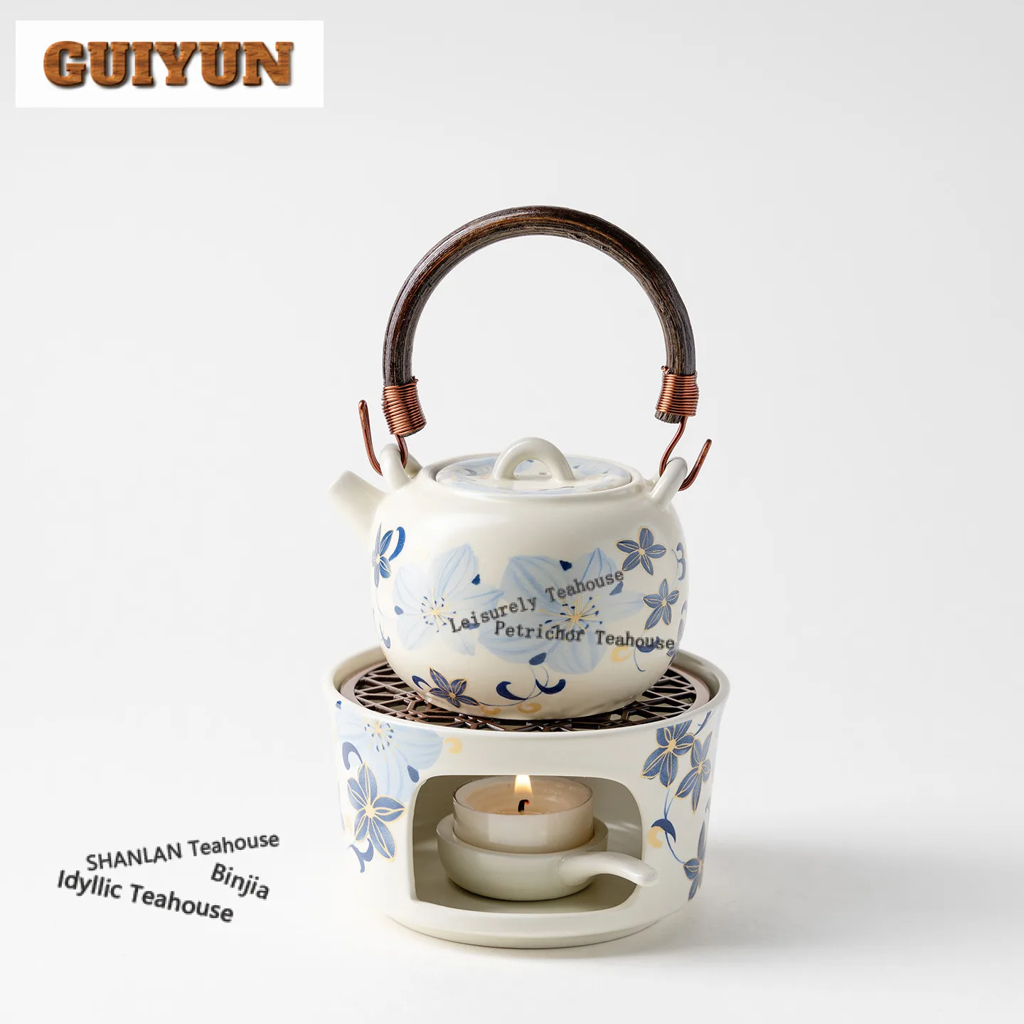 Hand Painted Lily Tea Warmer Holder Alcohol Burner Stove Kettle Stand Boiling Water Carbon Furnace Chinese Tea Set Ornaments