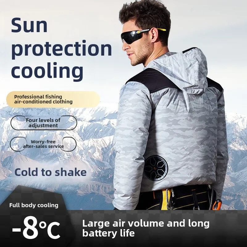 Ropa de aire acondicionado, chaleco con ventilador de refrigeración portátil resistente al calor, chaleco con ventilador de hielo de manga larga transpirable para acampar y pescar