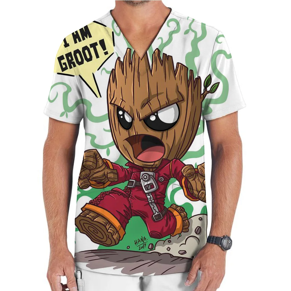 Dental Uniforms V-neck Clothes Marvel Groot print Scrubs Tops Dentist Medical Uniform Hospital Nurse Doctor Cotton Scrub Top