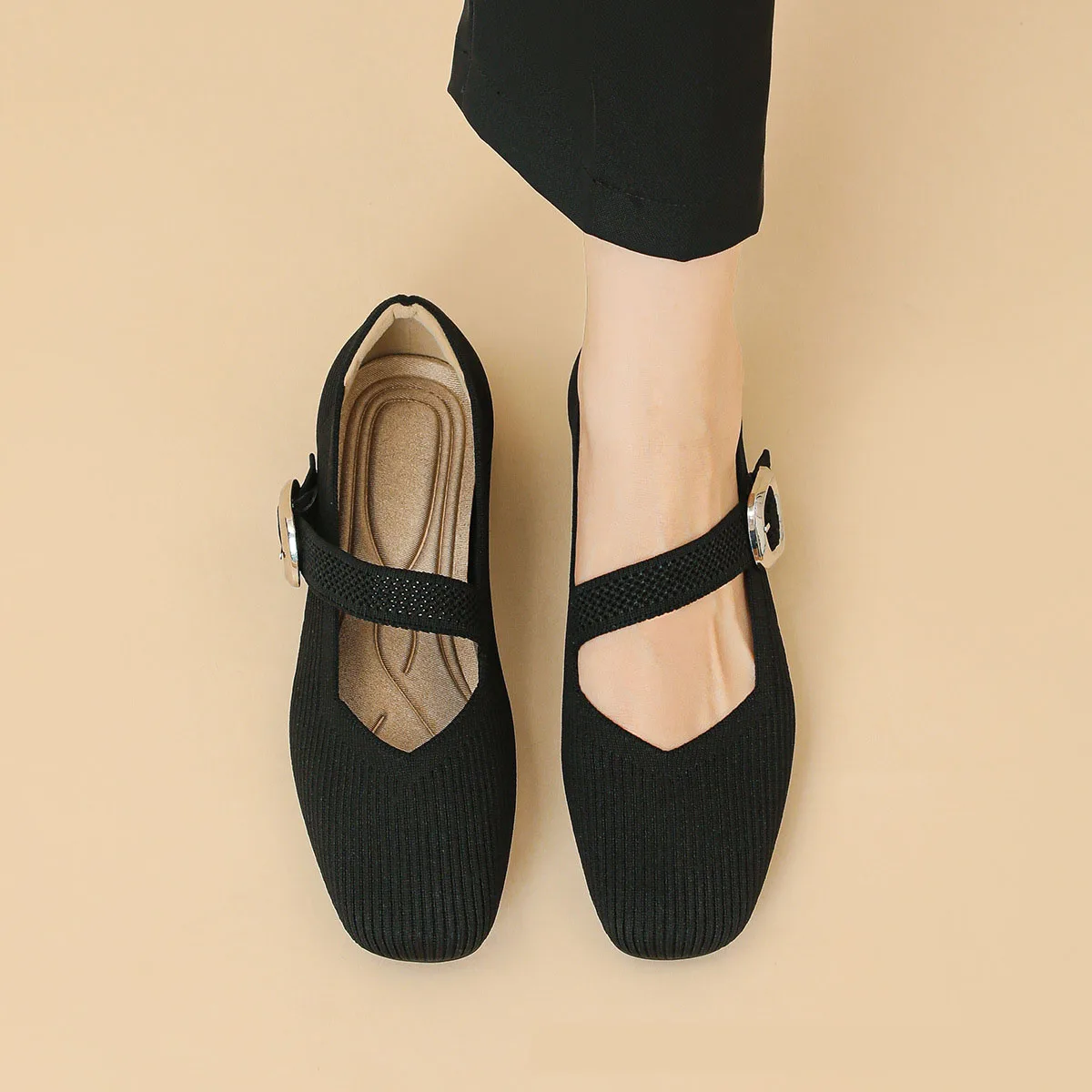 2025 Spring Knitted Fabrics Mary Jane Shoes Women Ballet Flats Shoes Comfortable Soft Square Toe Shallow Mouth Shoes for Women