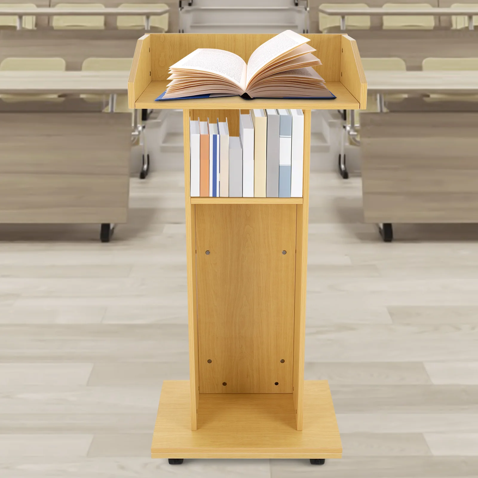 

3-Tier Rolling Lectern Conference Presentation Stand Standing Speech Podium with 2 Brake Wheels for Classroom Church Office