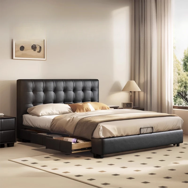 Italian light luxury minimalist waffle leather bed black soft bag bed solid wood storage