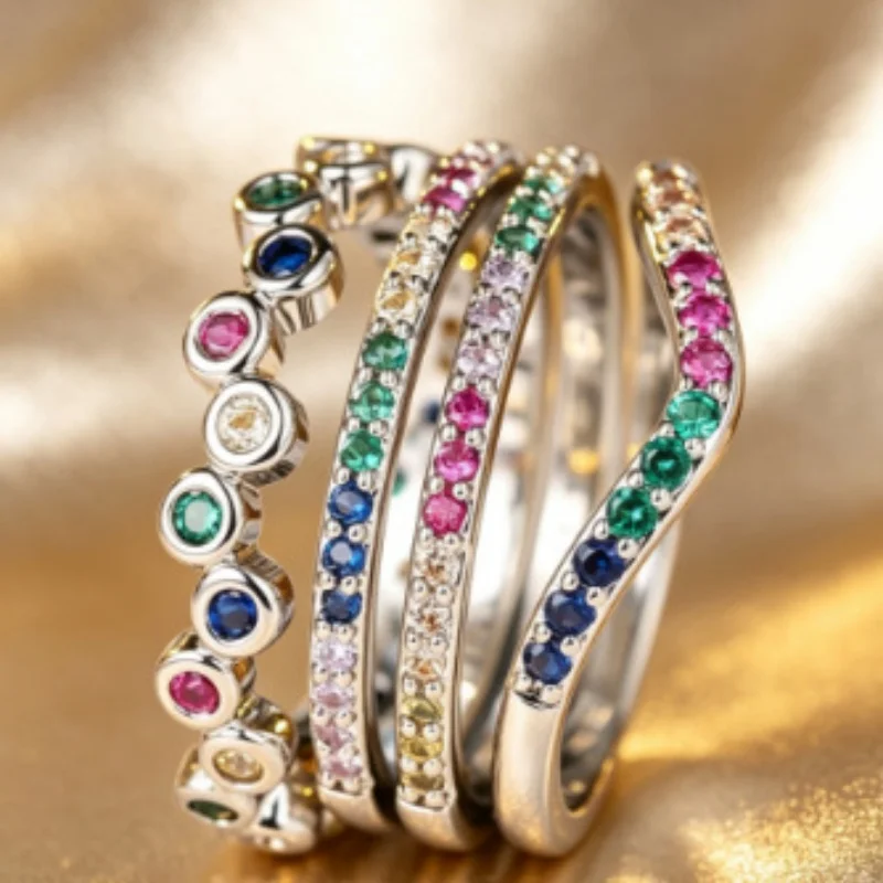 4-piece Fashionable Colored Zircon Layered Ring Set with Multiple Styles and Fine Circles, Mixed and Matched Accessories