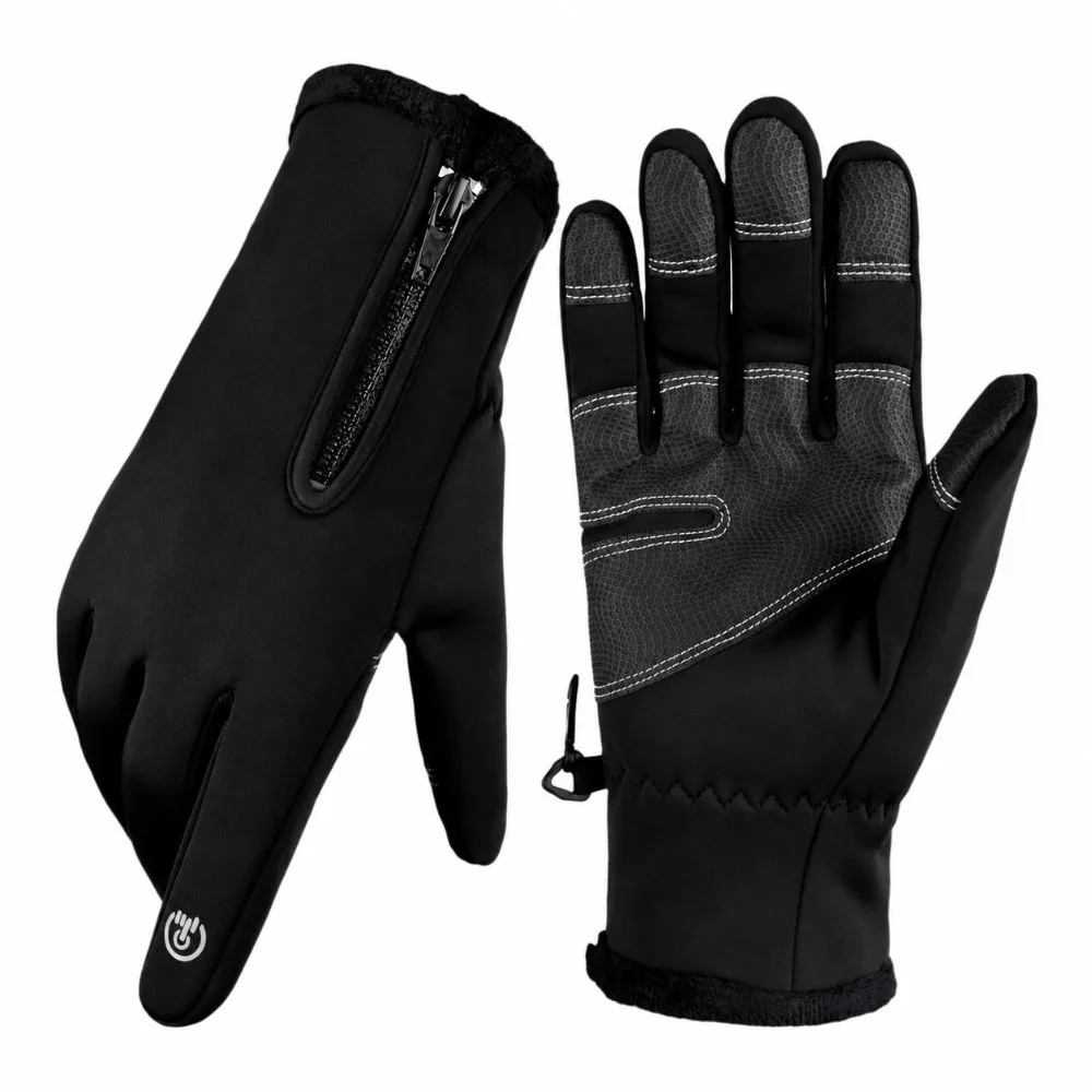 Waterproof Men's Black Winter Gloves Touch Screen with Zipper Thermal Cycling Gloves Elastic Cuff Windproof Winter Sports Gloves
