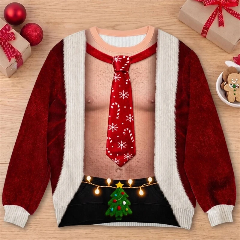 Funny Fake Muscle Santa Bikini Christmas Sweatshirt 3D Print Muscle Ugly Sweater Crewneck Long Sleeve Holiday Party Top Men Gift