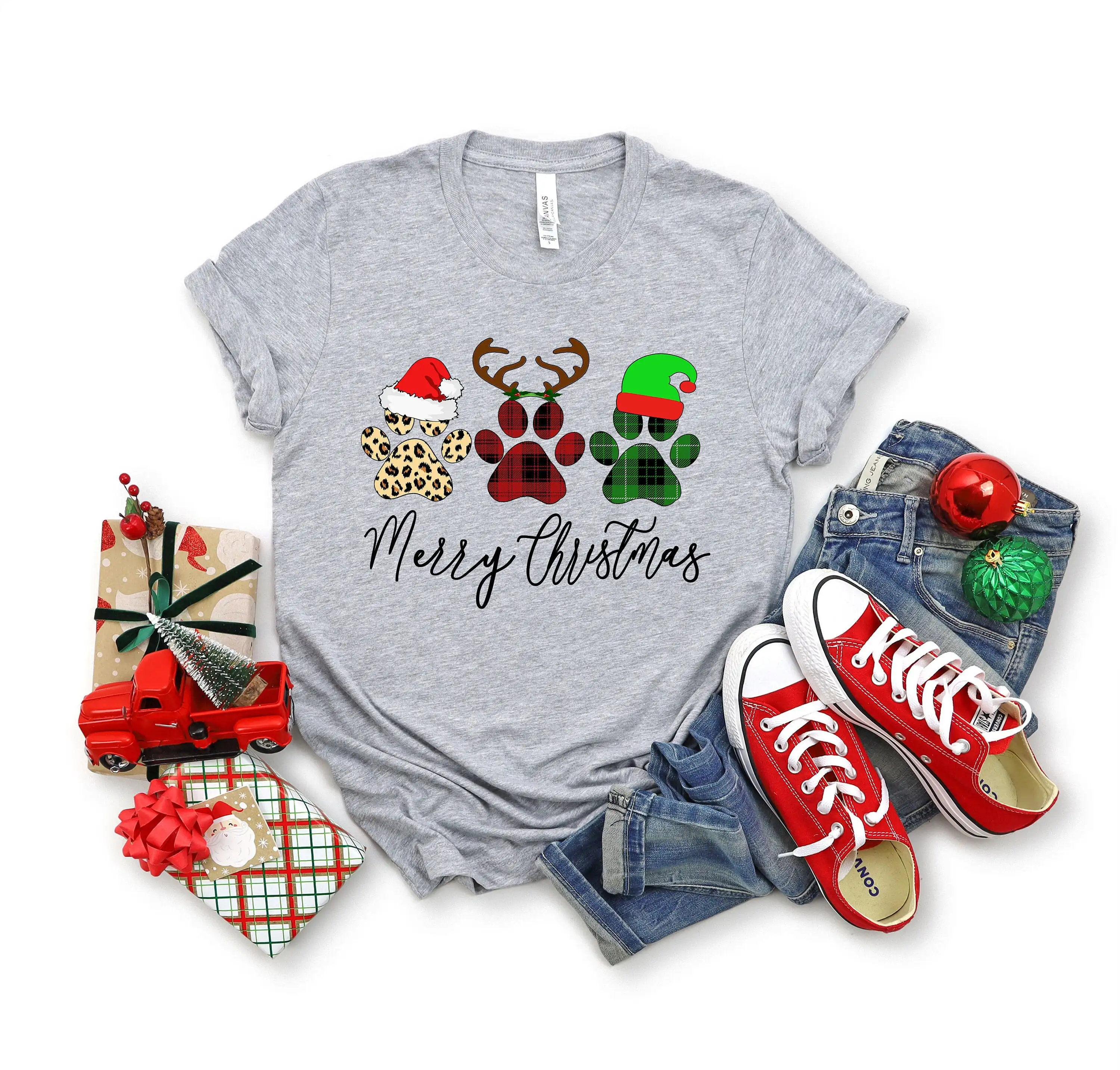 Merry Christmas Paws Shırt Sweat T Shirt Dog Sweater Buffalo Plaid