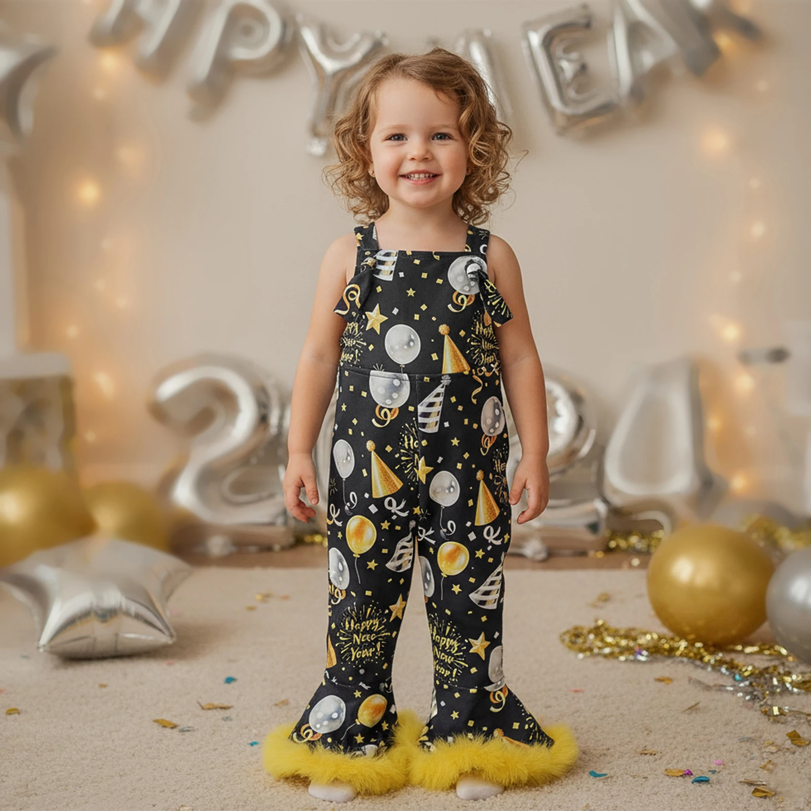

1-4Y Toddler Girls New Year Flare Pants Overalls Balloon Letter Print Sleeveless Bell Bottom Romper