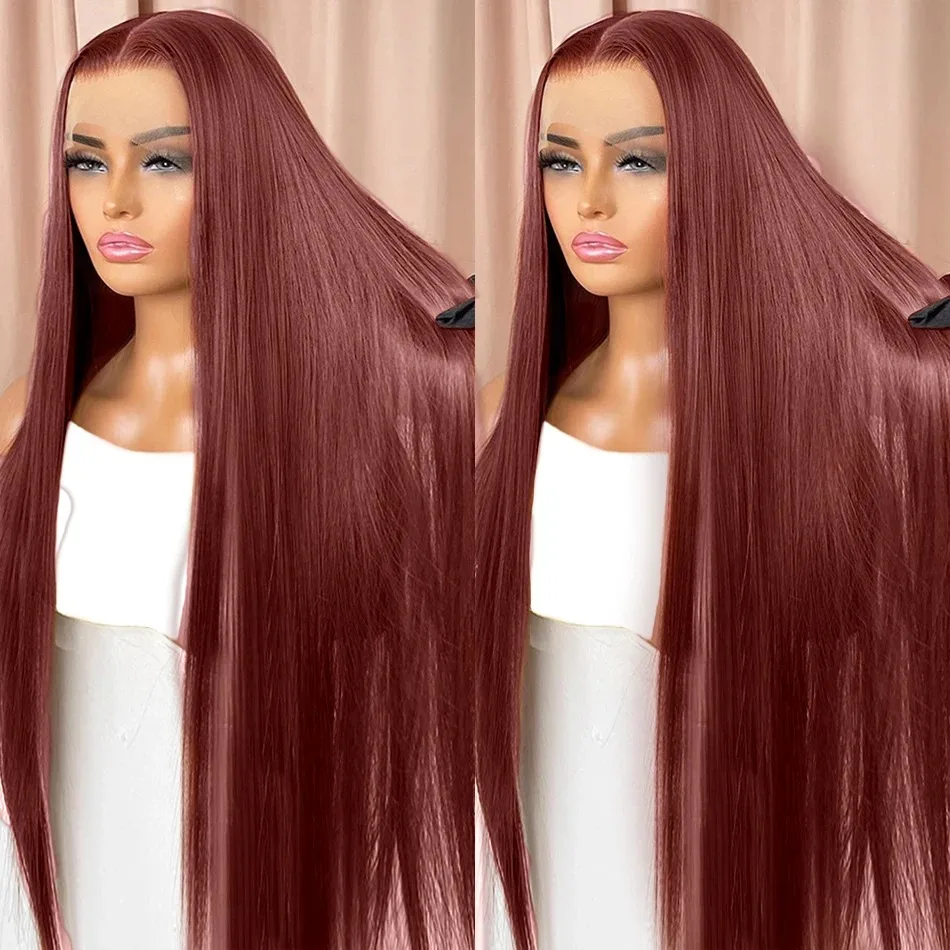 30 Inch 200% Density Reddish Brown Straight 13X4 Lace Frontal Human Hair Wig With Baby Hair Transparent Lace Front Wigs