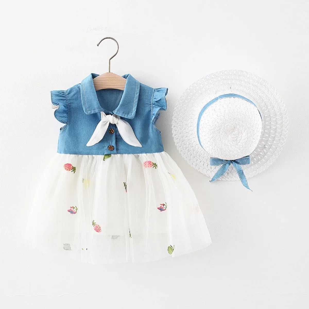 New Summer Baby Girl Dress Denim Fruit Embroidery Mesh Splice Shirt Collar Small Flying Sleeve Hooded Knee-length Princess Party