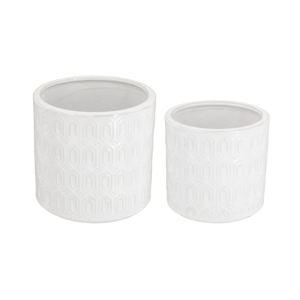 Set of 2 White Ceramic Planters with Geometric Patterns, Decorative Flower Pots, Modern Plant Containers for Indoor Tabletop, Window Sill and Home Garden Decor