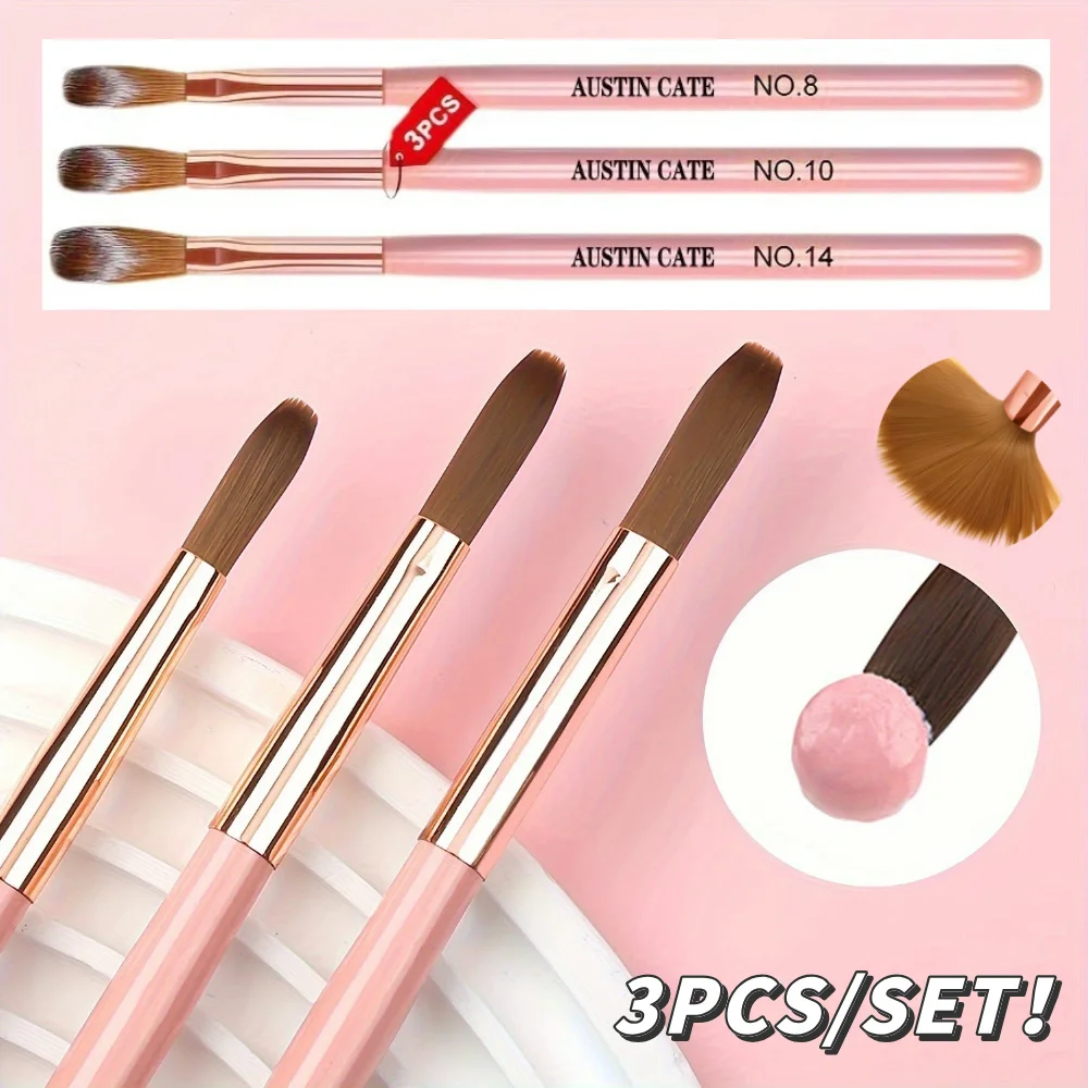 3Pcs/Set #8/10/14 Pink Wood Handle Acrylic Nail Brush 3A+ Professional Powder Extension Carving Nail Art Pen Manicure Salon Tool