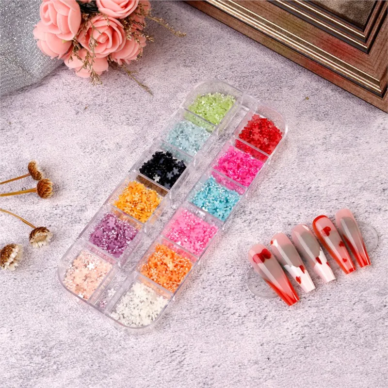 12 Grids/Set Mixed Size Nail Glitter Flakes 3D Love Heart&Butterfly Sequins Paillette Nail Glitter Sparkle Spangle Nail Sequins