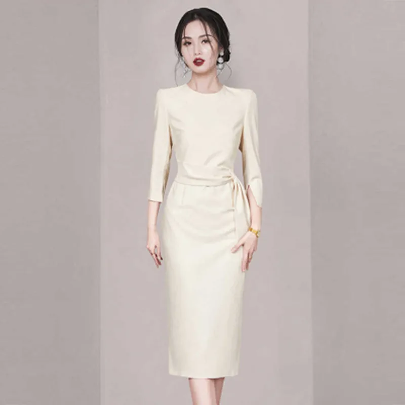 

Autumn New Women's Fashion French Haute Couture Ladies MIDI Dress Woman O- Neck Temperament Professional Dresses Vestidos