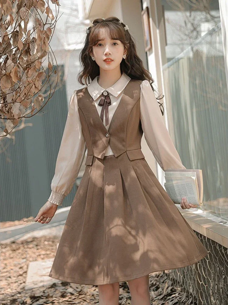 

French Sweet Elegant Dresses Fake Two Piece Patchwork Pleated Slim Waist Vestidos Autumn Preppy Style Vintage Women's Clothing