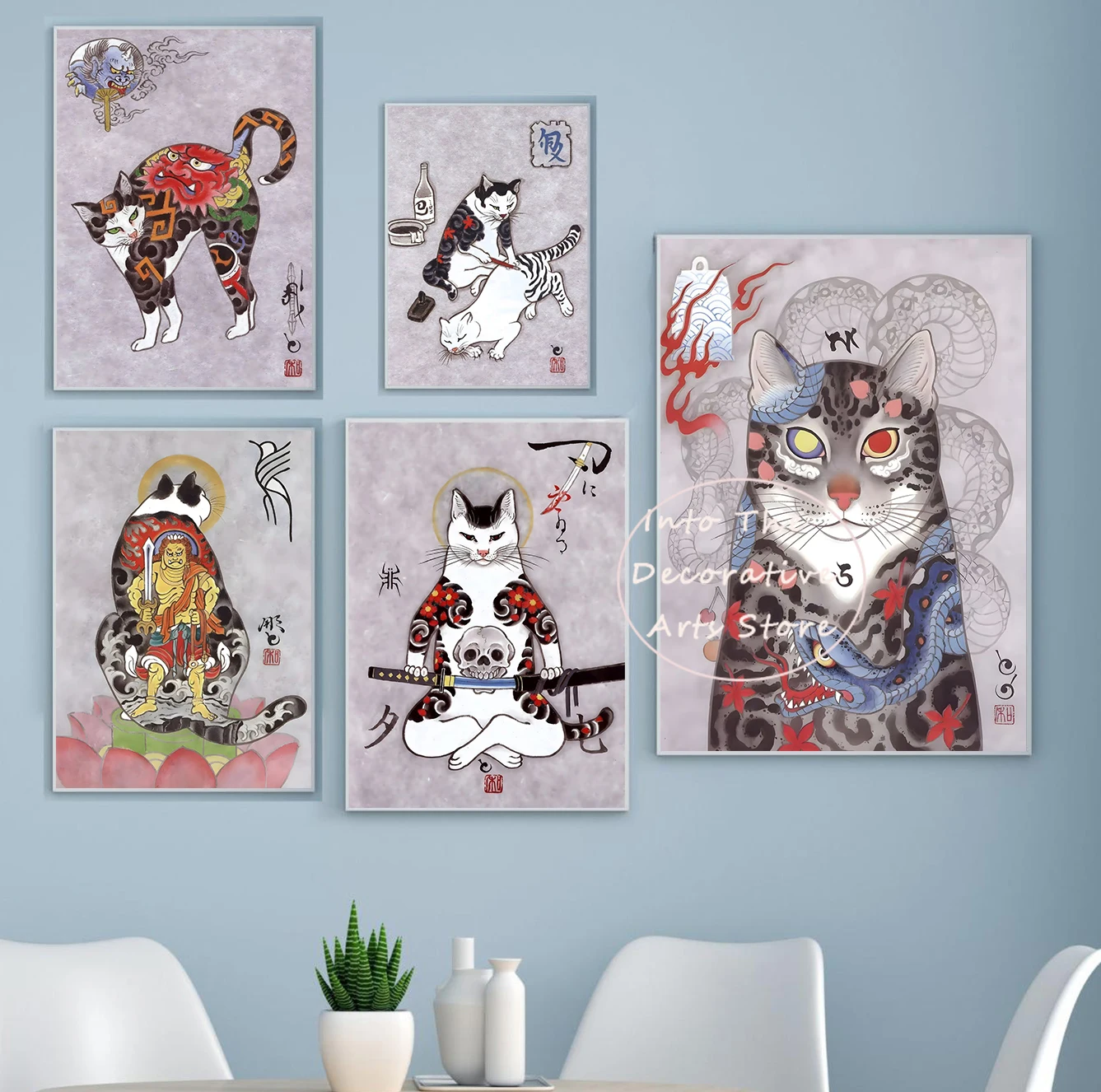 Japanese Samurai Tattoo Cat Ukiyo E Monmon Cats Irezumi Catana Art Poster Canvas Painting Wall Print Picture for Room Home Decor