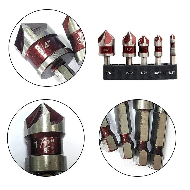 5Pcs 모따기 드릴 비트 세트 목공 1/4 "육각 섕크 비트 5 블레이드 고 탄소강 구멍 오프너 드릴 비트