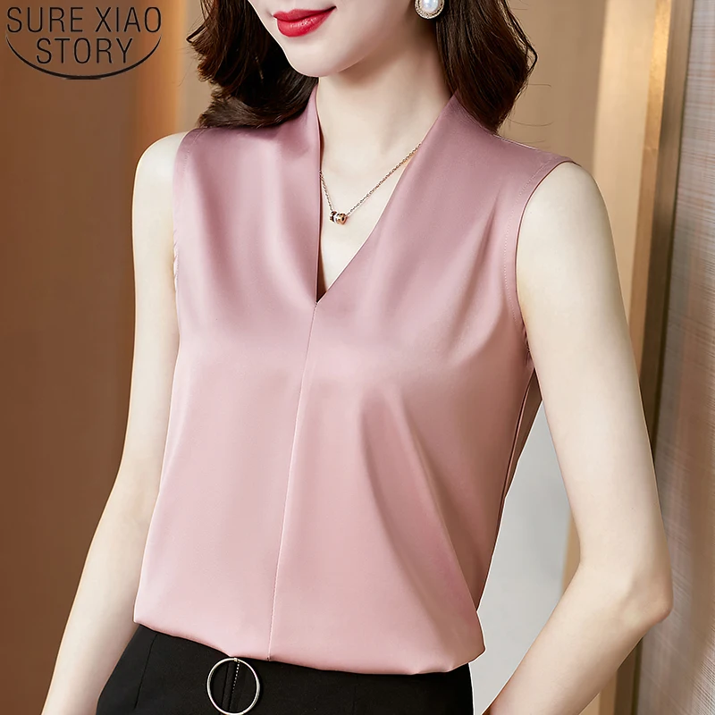 Casual Solid Color Sleeveless Shirts 2024 Summer Satin Blouse Women Tops V Neck Women Clothing Casual Ladies Shirts 13381