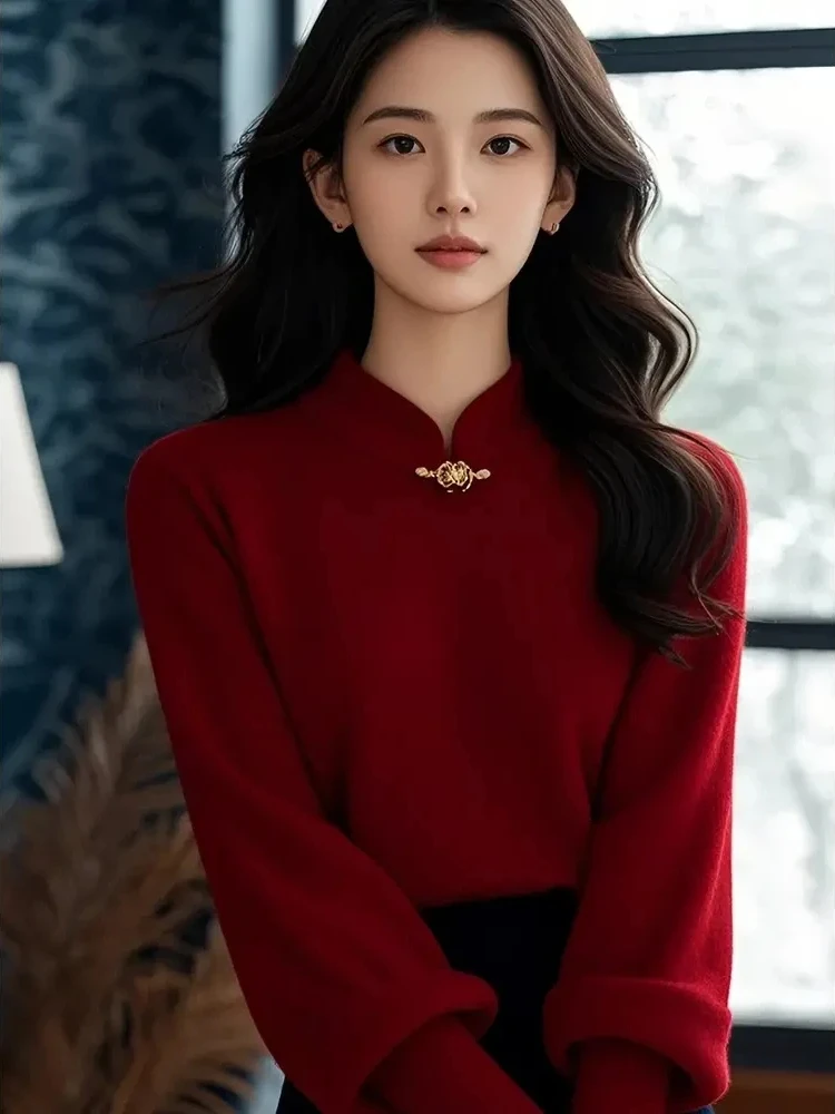 Czerwony Długi Sweter Dzianinowy Nowy Chiński Styl Uliczny Premium Jakość Okrągły Dekolt Bez Zapięcia Wysokiej Klasy Jesienno-Zimowy Top