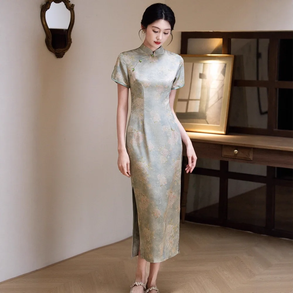 Yourqipao Summer Simple Improvement Cheongsam Simple Elegant Daily Printing Qipao Banquet Chinese Style Evening Dress for Women