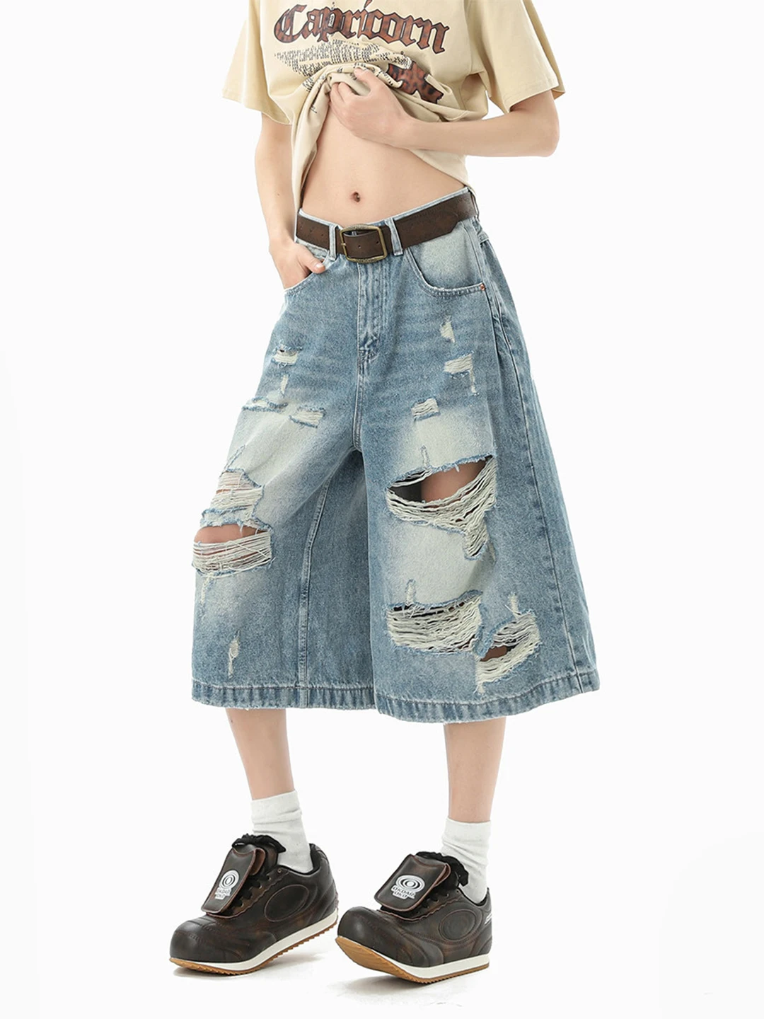 Shorts Jeans Retrô Americano Lavado Unissex Masculino e Feminino Verão Vintage Solto Perna Larga Calça Capri com Rasgos Casual