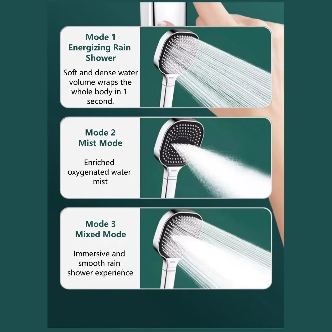 3 Modes Square Large Panel Shower Head High Pressure Thickened Drop-resistant Rainfall Showerhead Bathroom Filter Shower Mixer