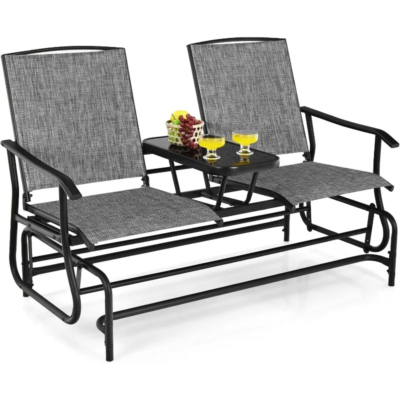 

2 Person Swing Glider Chair, Patio Rocking Loveseat w/Center Tempered Glass Table, Outdoor Swing Bench w/Steel Frame