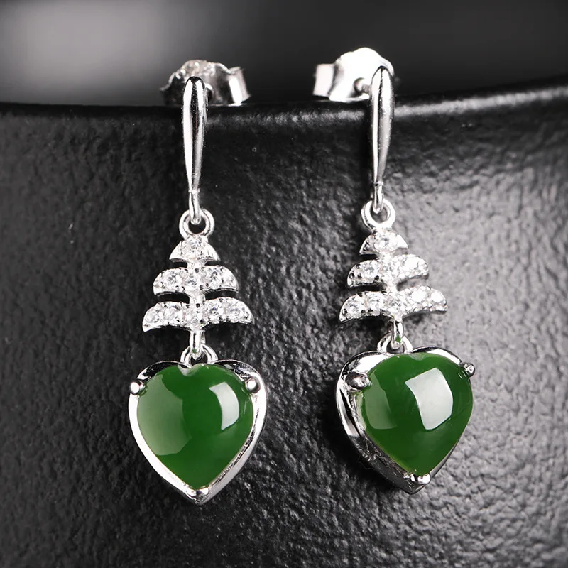 925 Silver With , Long Natural Hetian , Heart-Shaped Jade Earrings Women