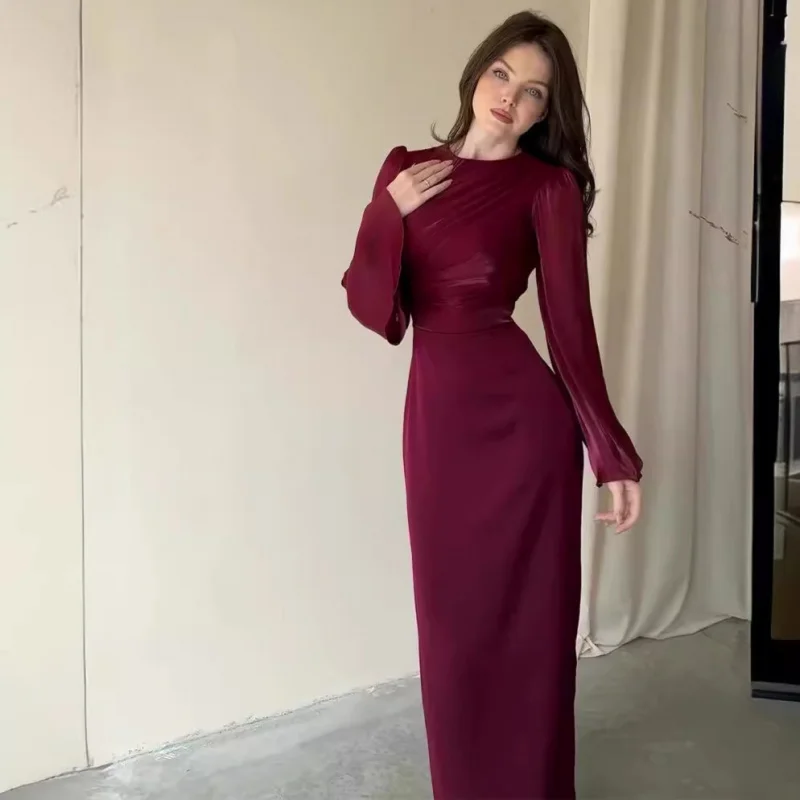 

Solid Color Simple Waist-Cinching Sexy Bodycon Dress Long Sleeve Ruched Elegant High-End Dress