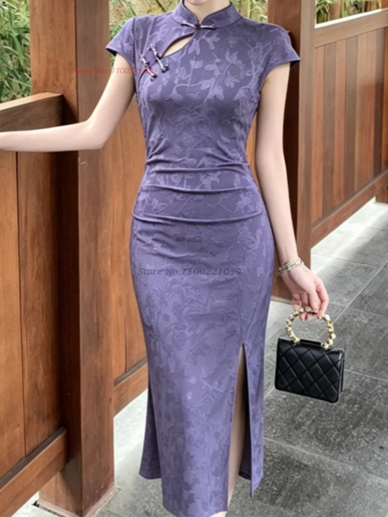 

2026 chinese sexy dress traditional jacquard pleated qipao retro evening nightclub dress improved cheongsam banquet party dress
