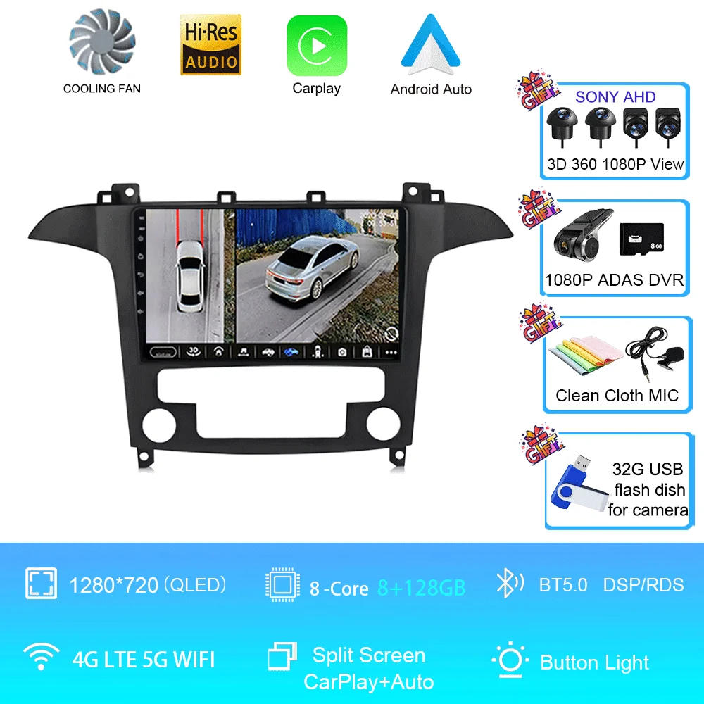 Android 16 voor Ford S-Max S-MAX 2007 2008 2009 2010 2011 - 2015 Videospeler Carplay Auto Multimedia Autoradio WIFI+4G DSP Stereo