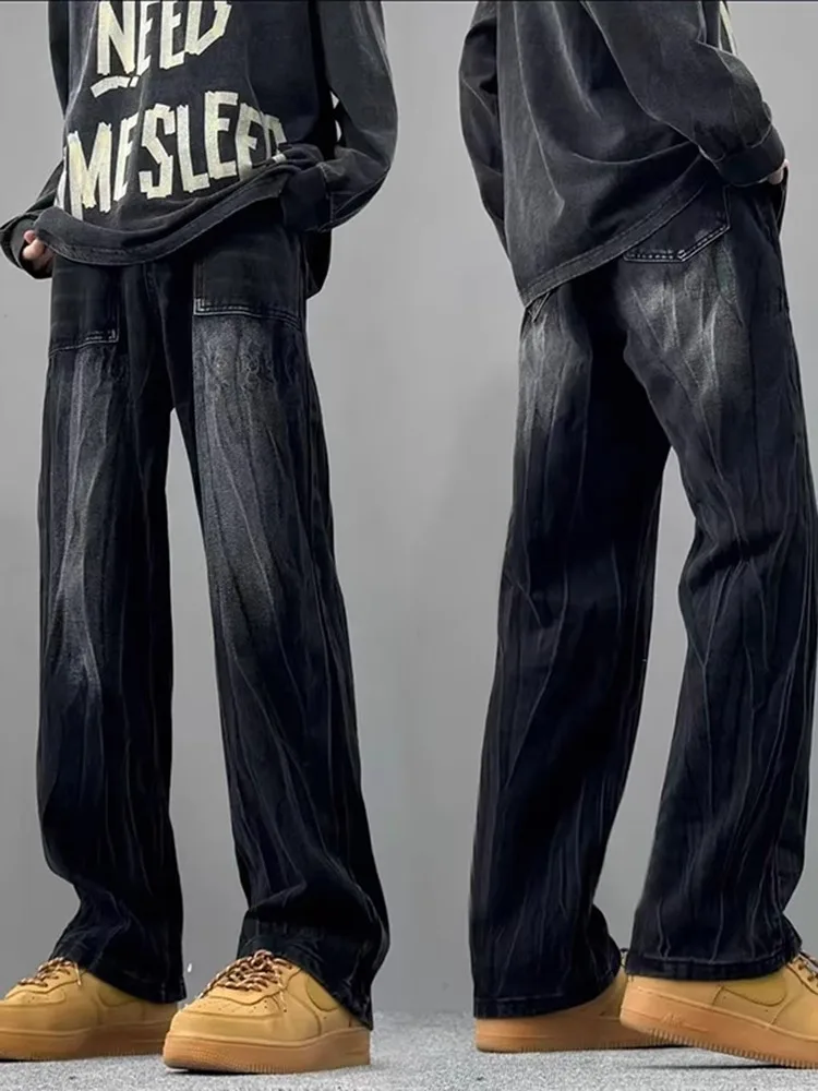 

American Sle Wide Leg Knife Jeans Men's Autumn Winter High Street Vibe Straight Leg Micro Flare Pants Casual Denim