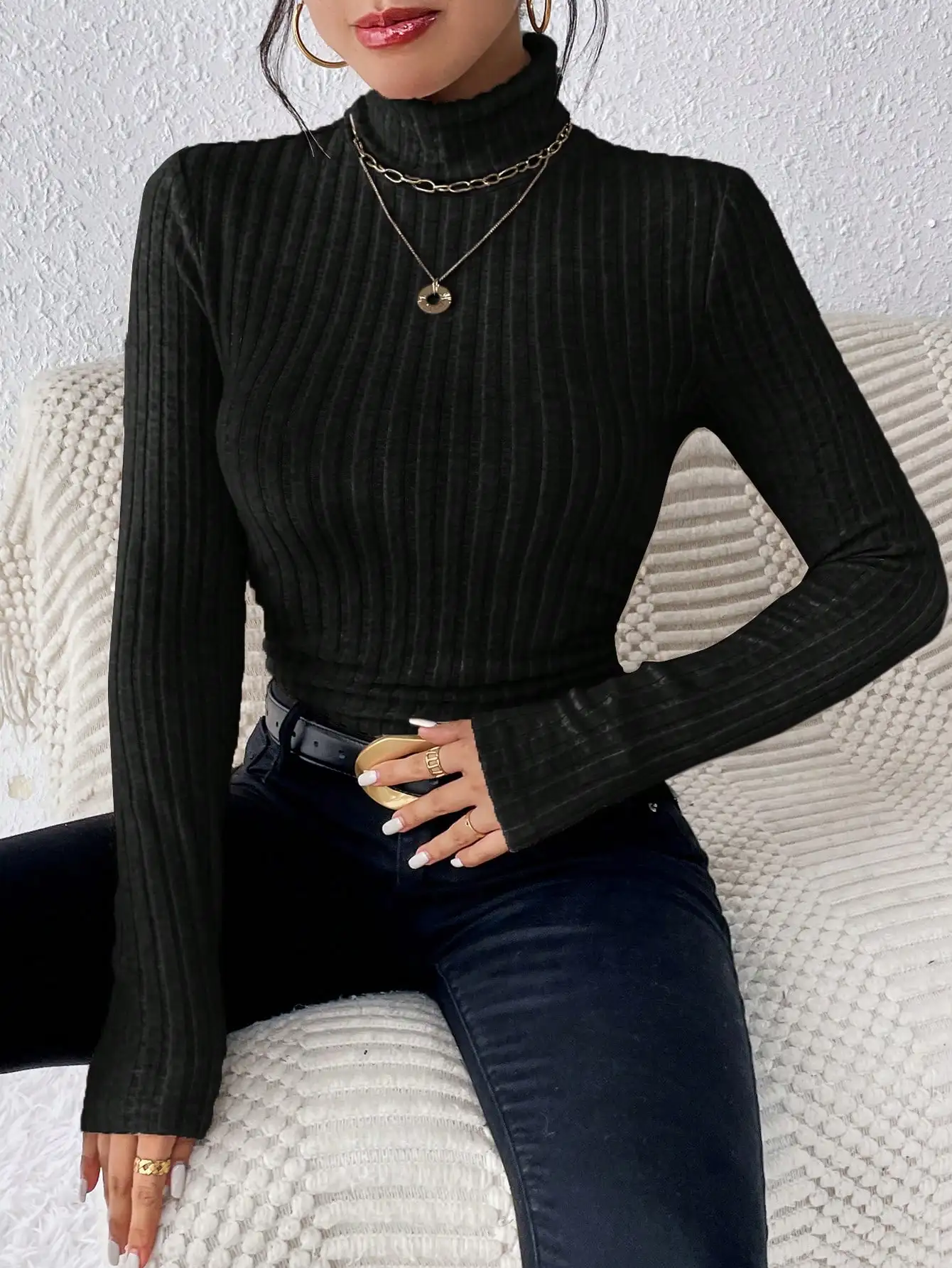 Elegant Solid Basic Knitted Tops New Women Turtlneck Sweater Long Sleeve Casual Slim Pullover Fashion Simple Style Design