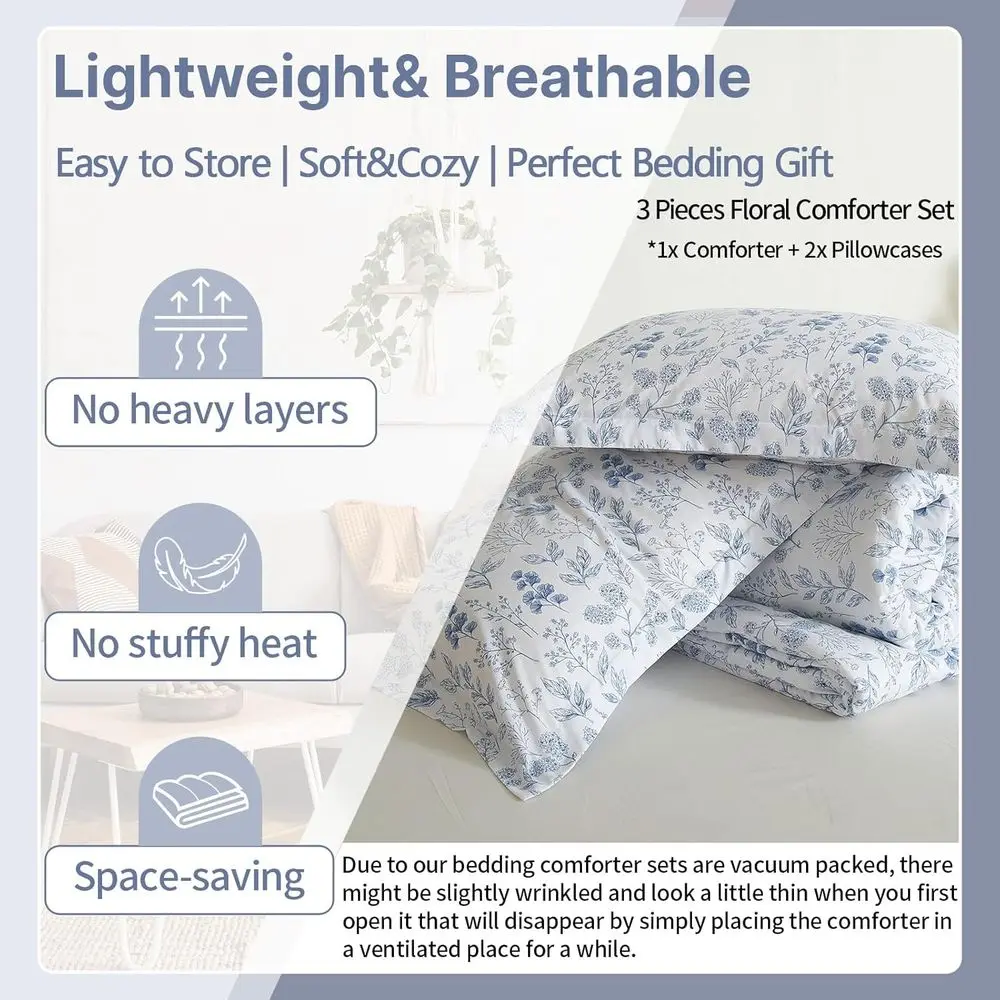Бело-синий комплект одеял из трех предметов с цветочным принтом для женщин: винтажное садовое постельное белье из мягкой микрофибры с наволочками