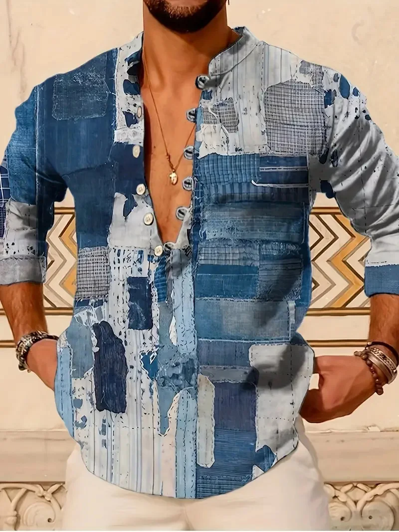 قميص رجالي جديد بأكمام طويلة بسبعة أزرار، قميص كاجوال للشاطئ الرملي، قميص من القماش المريح عالي الجودة