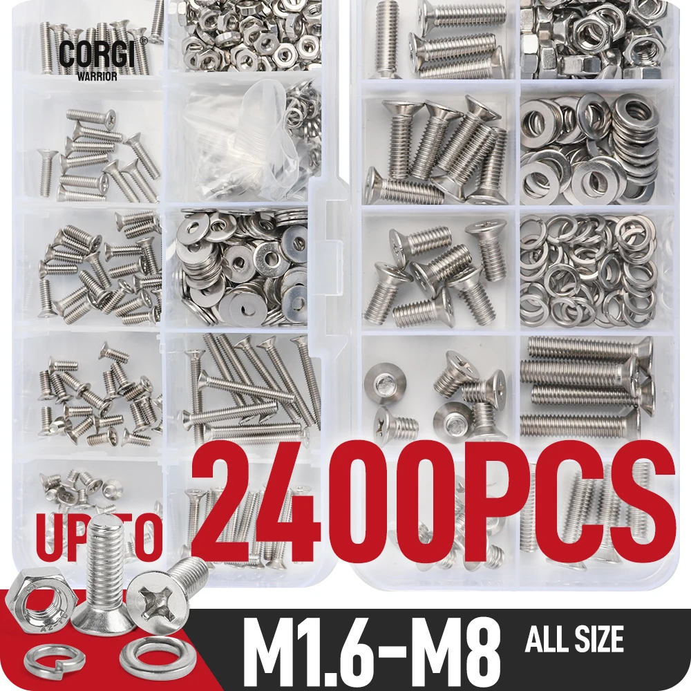 M1.6 M2 M2.5 M3 M4 M5 M6 M8 2400 UNC Stainless Steel Phillips Drive Flat Head Countersunk Machine Screws Nuts Assortment Kit