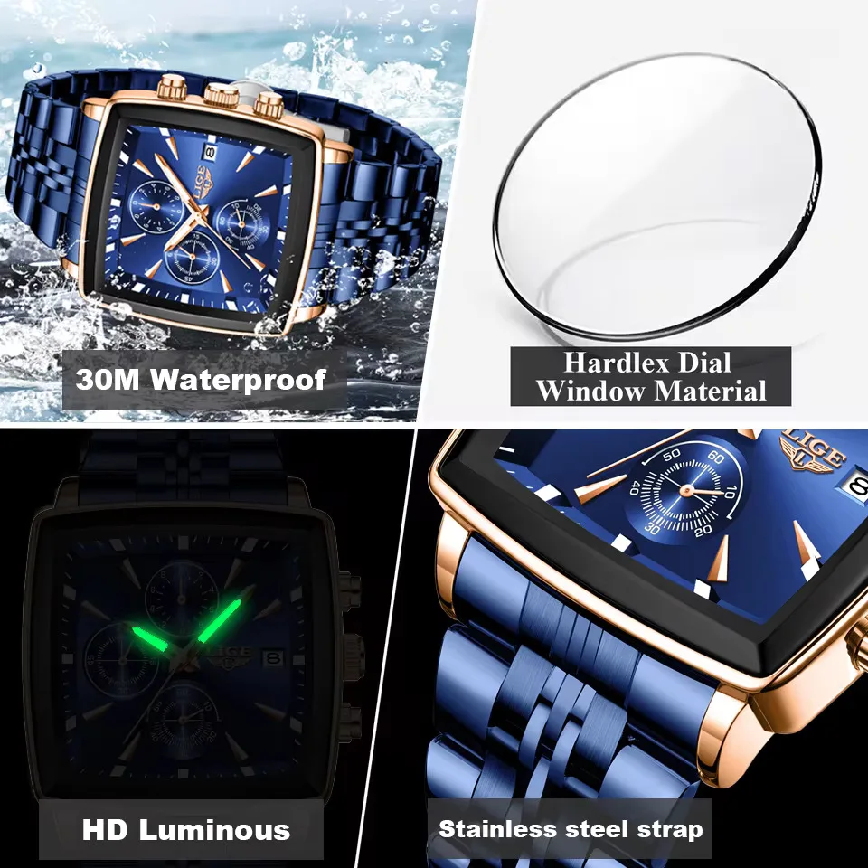 LIGE Luxury Brand Couple Watches Stainless Steel Waterproof Luminous Quartz Watch Fashion Simple Lovers Gifts for Men and Women