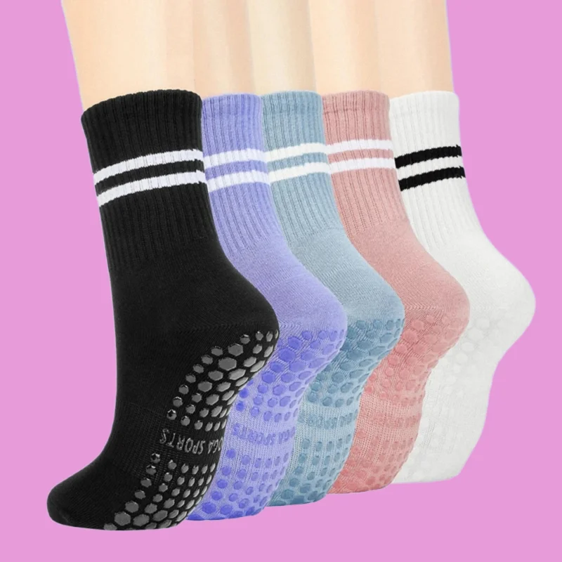 

4 Pairs New High Quality Women Anti-skid Yoga Socks Grips Cotton Mid-tube Bottom Fitness Dance Barre Workout Pilates Socks