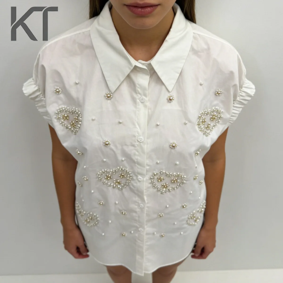 

KT Multicolor Pearl Heart Embroidery Blouse Women Short Sleeve Ruffle Turn Down Collar Casual Tops 2026 New Arrival