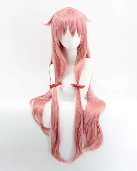 Wig Anime he Future Diary Gasai Yuno untuk Wig kostum Cosplay Pink Wig pesta rambut sintetis panjang ponytai Halloween