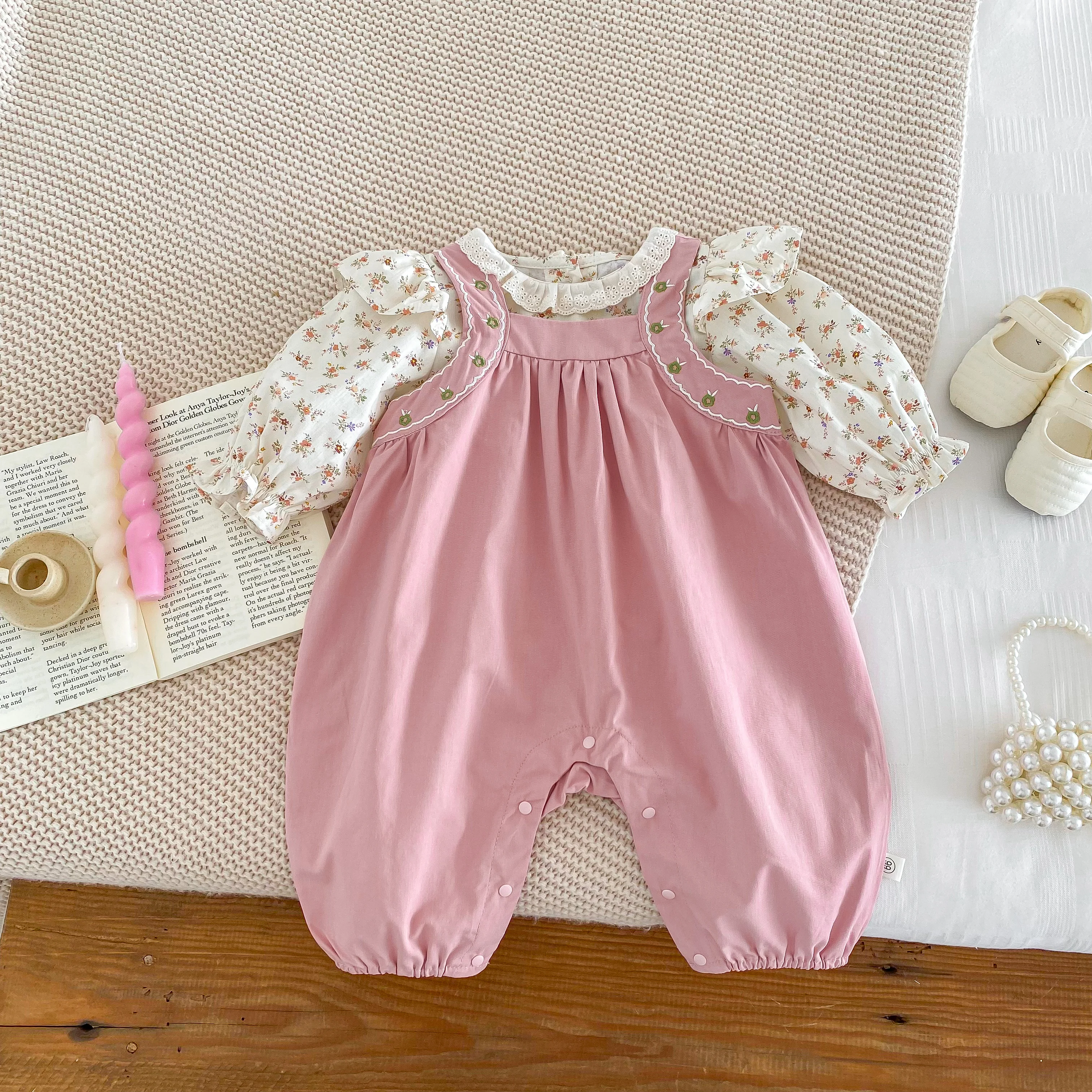 Autumn Newborn Clothes Baby Flower Embroidery Jumpsuit + Lace Collar Long Sleeves T-shirt Top Two Piece Set 0-2yrs